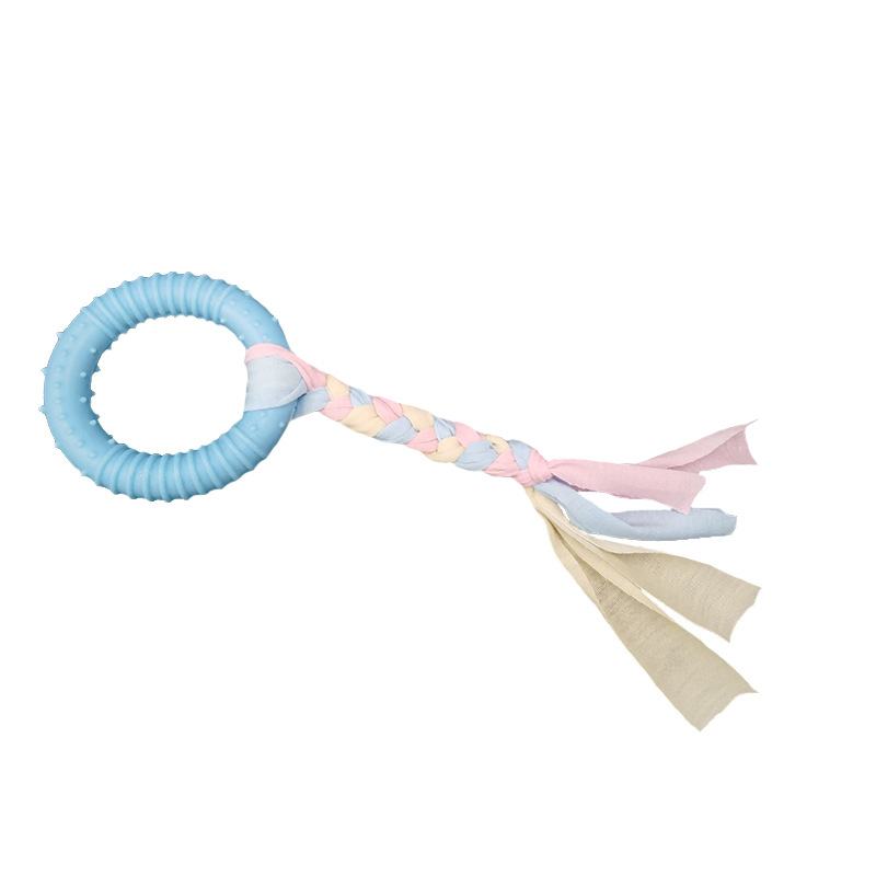 Fábrica al por mayor TPR juguetes para gatos y perros anillo resistente a los mordiscos tira de tela de cuerda de algodón perros medianos y pequeños lanzando juguetes para mascotas de entrenamiento
