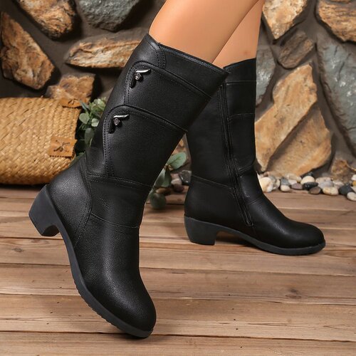 New leather boots, women's middle mother's shoes, cotton shoes, middle barrel boots, thick heel, middle heel, Martin boots, women's boots, autumn and winter, with velvet
