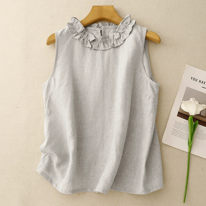 2025 минималистский изысканный кружевной воротник льняной жилет прохладный и удобный французский конопля без рукавов