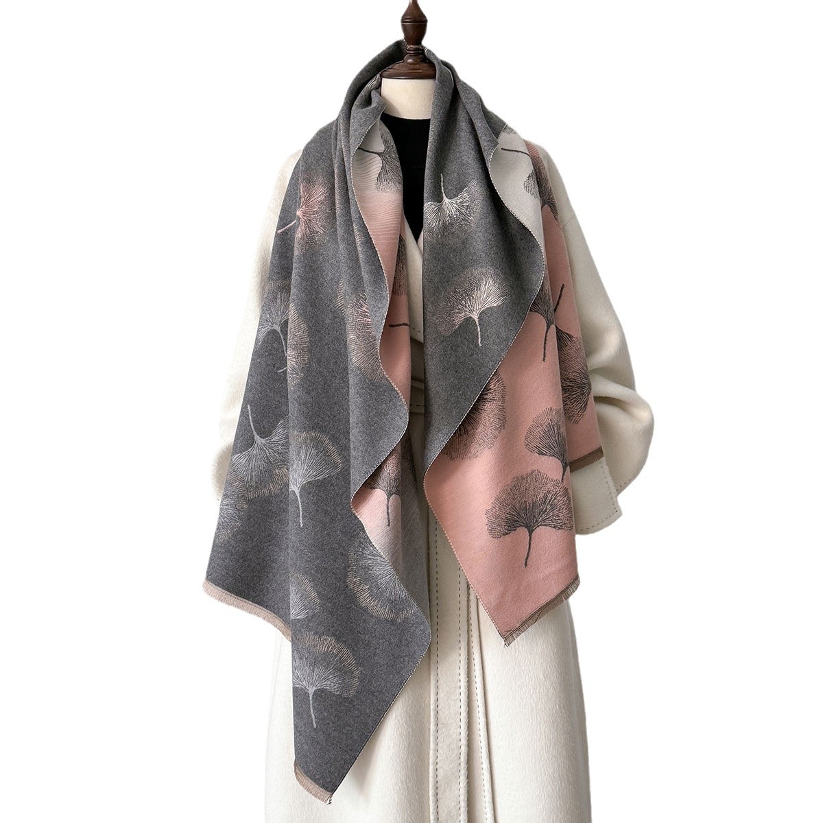 Nueva impresión de ginkgo biloba bufandas calientes de cachemir de doble cara 2024 moda de invierno con capa de chal gruesa