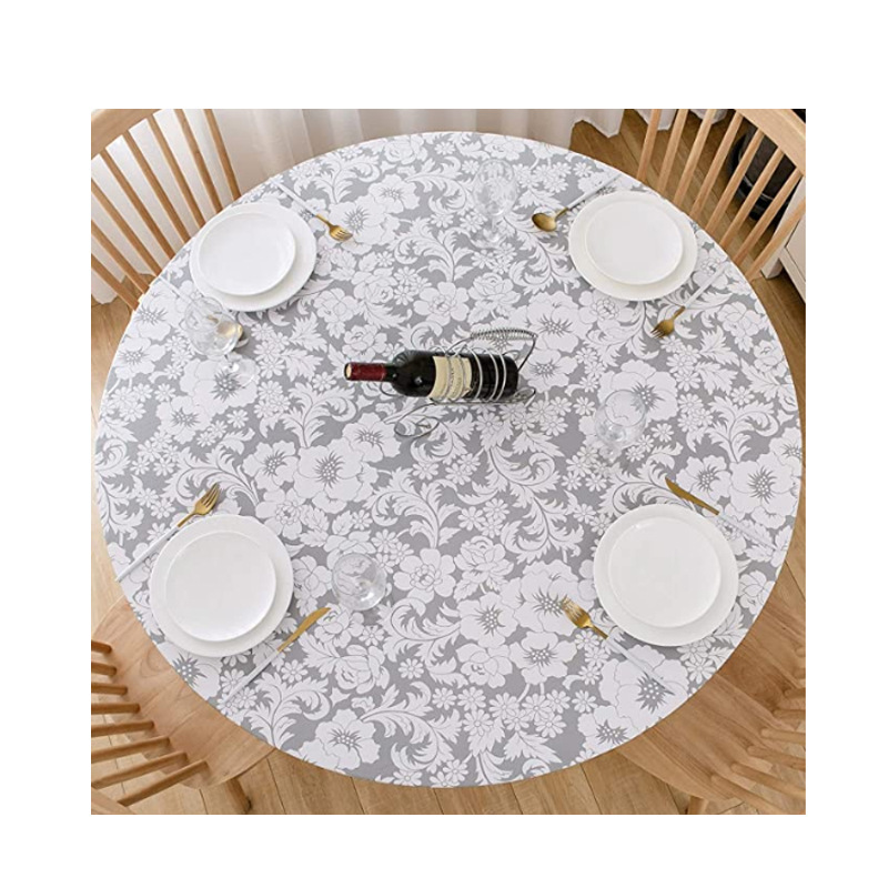 Mantel redondo de PVC transfronterizo impermeable y a prueba de aceite forrado de vellón grueso transparente impreso mantel de plástico banda elástica mantel de grano de madera