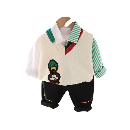 New duck knitted vest color-blocked shirt three-piece set spring and autumn children's suit generation children's clothing male baby autumn clothing trend