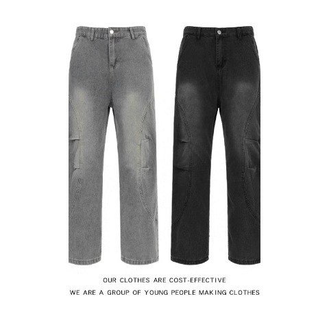 Men's Retro Patchwork Curved Blade Jeans mid Waist Loose Straight Leg Slightly Flared Pants Autumn/Winter American Style Blue_mkmklike.com