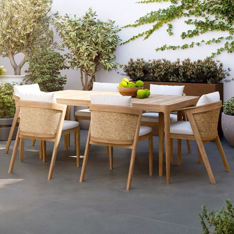 Conjunto de mesa y sillas de teca para terraza, patio, solarium, jardín, sillas de ratán resistentes al agua y al sol para exteriores.