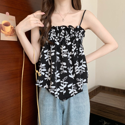 Summer  New Floral French-style Small Straps Women's Irregular Outerwear Tank Top Unique Nipple-Up Top Trendy