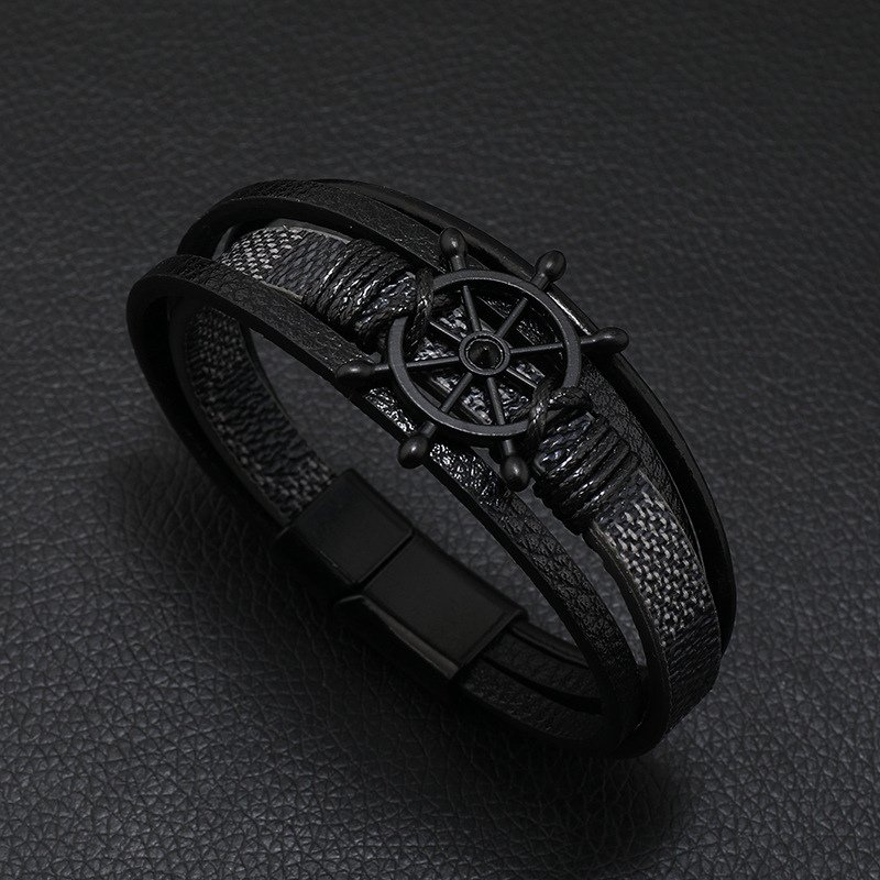 25g Weight Bangle Classification 1 Piece Quantity Daily, Street Occasion Pu Leather, Alloy Material Rudder Pattern Men's Gender Retro Style Retro Rudder Pu Leather Alloy Men's Bangle Men Cord & Leather Bracelets 1