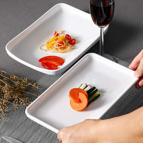 A5 white melamine rectangular deep dish noodle tray for hotel commercial use, imitation porcelain plastic straight edge vegetable stir-fry plate