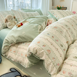 2025 Fresh Style All-Cotton Bedding Four-Piece Set for Single Dormitory, Pure Cotton Duvet Cover and Fitted Sheet Three-Piece Set for Export