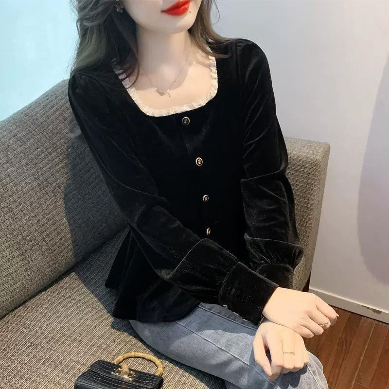 Korean Style Lace Splicing Waist Velvet Shirt for Women Autumn and Winter New Style Foreign Design Slim Slim Long-Sleeved Top