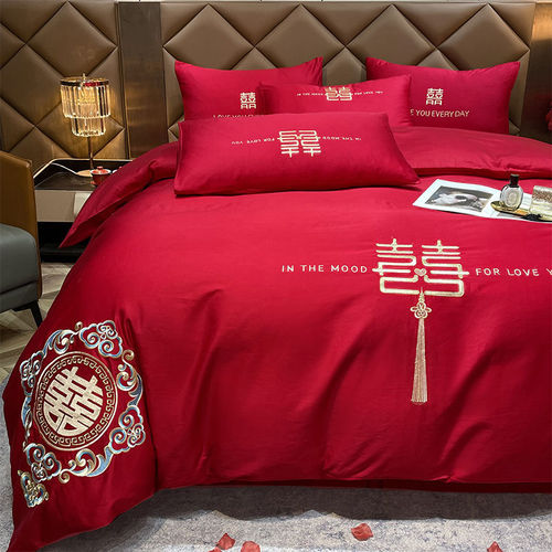 hot婚庆结婚四件套刺绣床上用品婚床新婚大红色喜被婚房被套床单