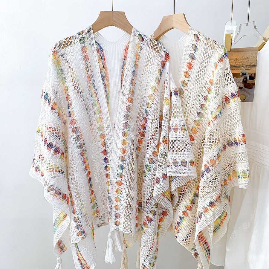 Knitted Hollow-Out Shawl for Women, Suitable for Pairing with a Qipao Dress, Thin Summer Sun-Protective Cardigan Cape for Travel in Yunnan and Xinjiang