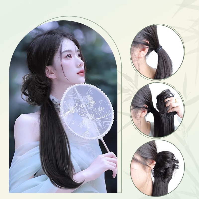 Peluca Cola de Caballo baja de las Mujeres Nuevo estilo chino clip de pelo peluca trenza natural pelo artificial puede atar estilo antiguo hanfu cheongsam cola de caballo