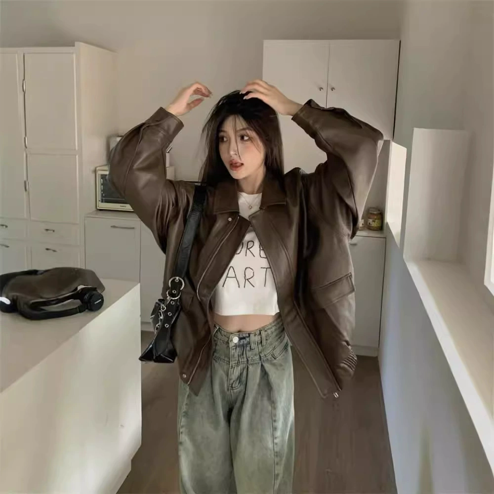 Little Xiangfeng кожаная куртка Короткое пальто 2024 г. Леди новый осенне-зимний американский маленький кожаный куртка весна и осень топ