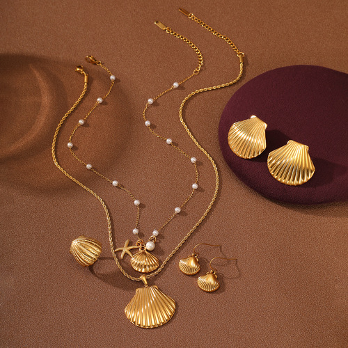 New European and American-style ocean shell pearl titanium steel necklace set—women's fashion, lightweight luxury, and versatile stainless steel pendant