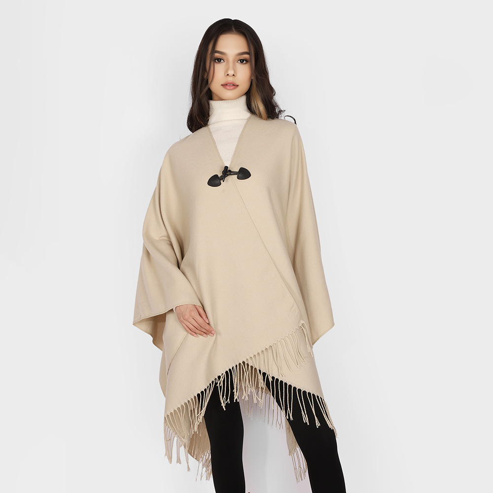 Primavera y otoño chal con flecos capa con hebilla chaqueta de punto para mujer otoño e invierno de longitud media con cuello en V tejido exterior color sólido
