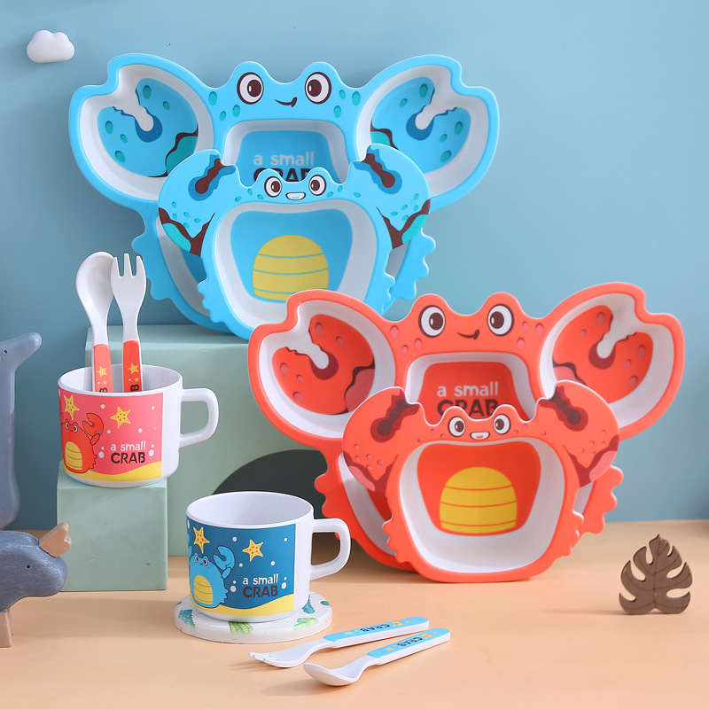 Cute Crab Bamboo Fiber Kidsren's Tableware Cartoon Food Bowl Baby Eating Divided Plate Spoon Fork Cup Set