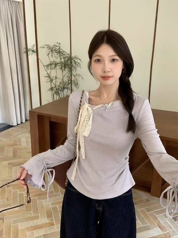 2025年大码法式紫色斜领长袖T恤女秋蝴蝶结系带打底衫显瘦上衣|undefined