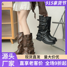 千美诗858皮带扣黑色中筒裤管靴女堆堆靴长筒靴复古西部牛仔靴