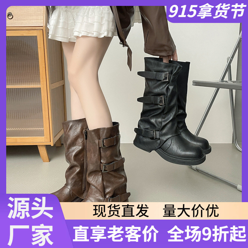 千美诗858皮带扣黑色中筒裤管靴女堆堆靴长筒靴复古西部牛仔靴