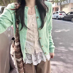 薄荷绿色复古卷边针织开衫毛衣外套女新款春秋季软糯早秋外搭上衣