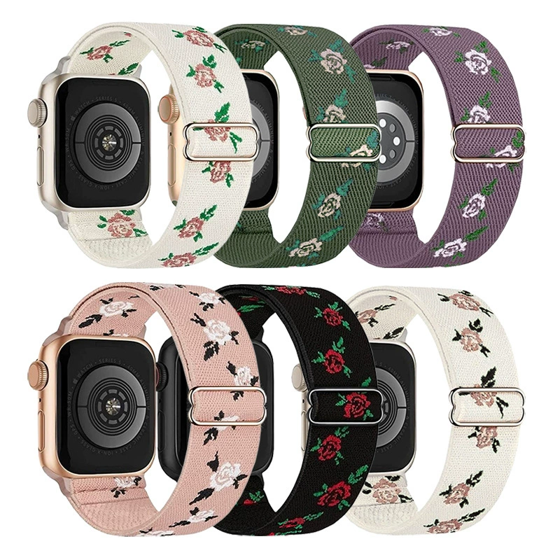 Совместимый ремешок Apple Watch S8 новейшая вышитая роза нейлоновый тянущийся эластичный ремешок