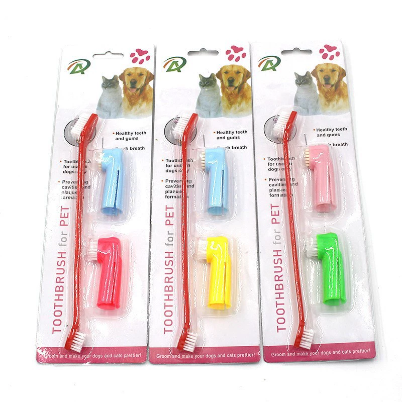 Двухголовая зубная щетка для домашних животных, набор из трех частей, щетка пальца собаки, щетка пальца кошки, чистящие средства для ухода за домашними животными