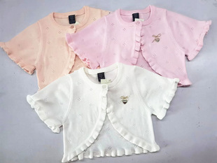 2019 Spring and Summer New Girls Knitted Cotton Fine Wool Coat for Baby Girls Air Conditioning Hollow Short Sleeve Thin Shawl