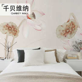 千贝现代中式手绘荷花中国风墙纸卧室客厅电视背景墙壁纸古风壁画
