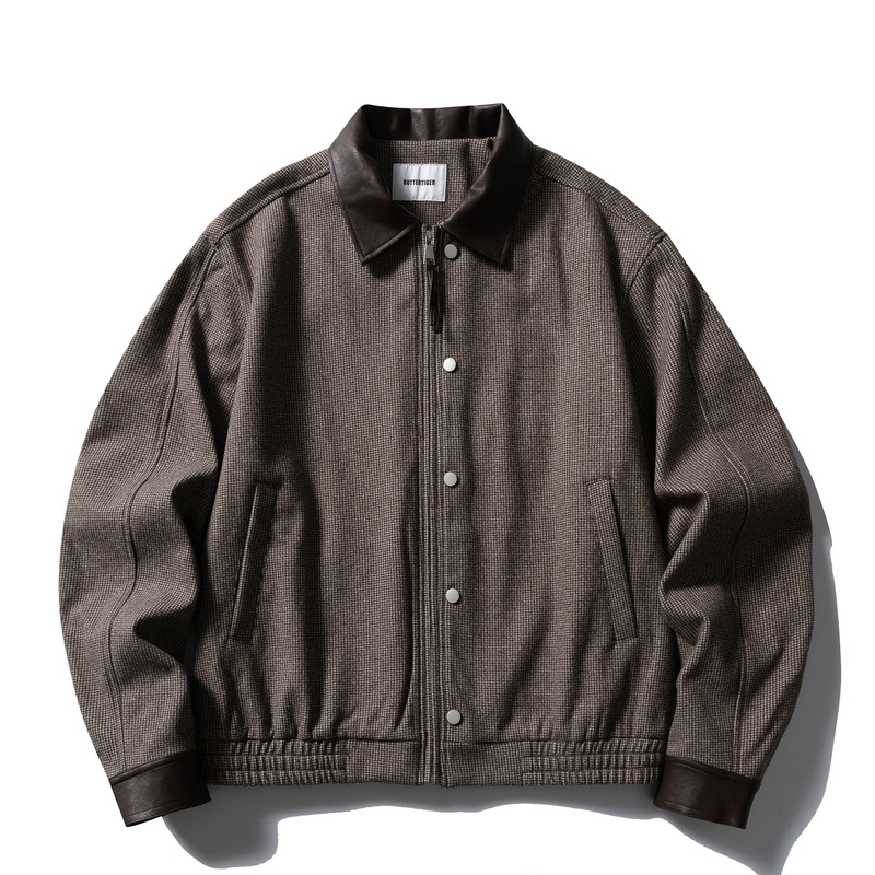 American retro boxy short wide houndstooth woolen work jacket for men and women, loose fit with PU leather collar and patchwork design American retro boxy short wide houndstooth woolen work jacket for men and women, loose fit with PU leather collar and patchwork design