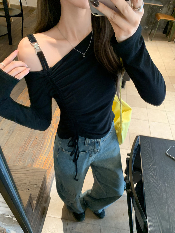 辣妹黑色斜肩拼接设计感收腰抽褶显瘦修身打底T恤长袖女2025秋季|undefined