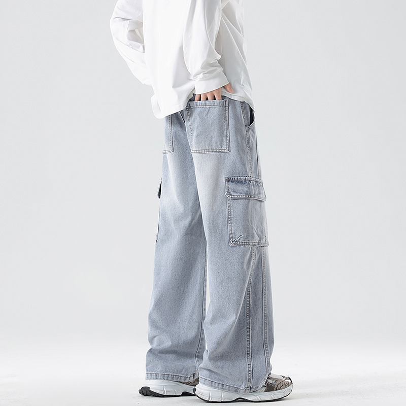 Jeans da lavoro da uomo LKTM stile americano con multitasche e patchwork, vestibilità ampia, coulisse, gamba dritta, vita media, cotone, nero, blu_voghion.com