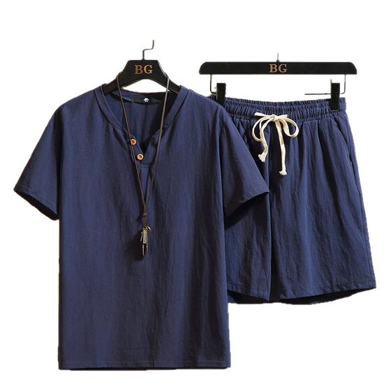 Linen Short-Sleeved Shorts Suit Men's Chinese Style Loose Large Size V Neck T-Shirt Summer Trendyy Casual Sports Two-Piece Set