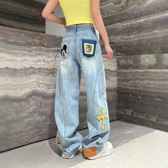 【韩牛】美式卡通米奇刺绣牛仔裤女时尚潮流香蕉设计阔腿裤子女