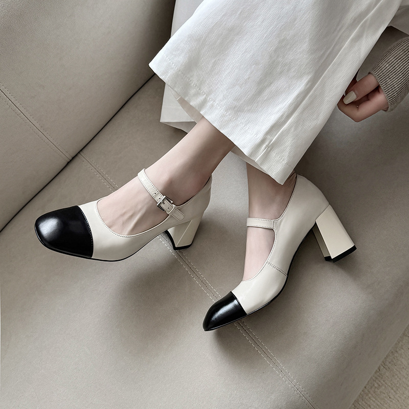 Giày Mary Jane nữ mũi vuông kiểu Pháp gót thô quai ngang phối màu phong cách Chanel — Màu đen, Màu đỏ rượu, Màu trắng be