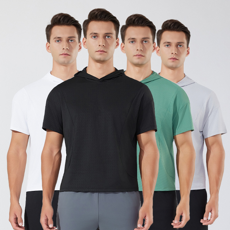 Verano nuevo estilo para hombres y mujeres con el mismo estilo de secado rápido casual de manga corta suelta blusa transfronteriza para correr al aire libre de manga corta con capucha de manga corta