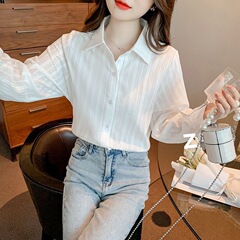 纯棉长袖条纹白色春秋衬衫2025新款设计感小众上衣衬衣打底纯色款