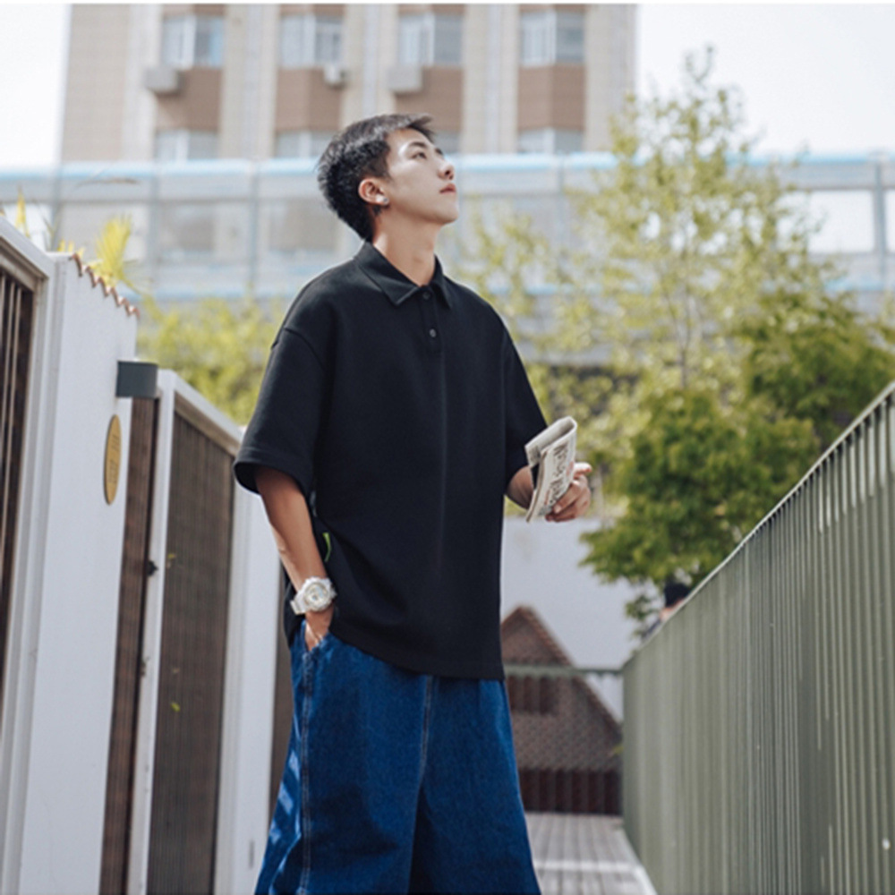 Camisa de polo de verano de los Hombres estilo de Hong Kong suelta solapa de color sólido Camiseta de manga corta simple camisa de manga corta juvenil de todo fósforo moda