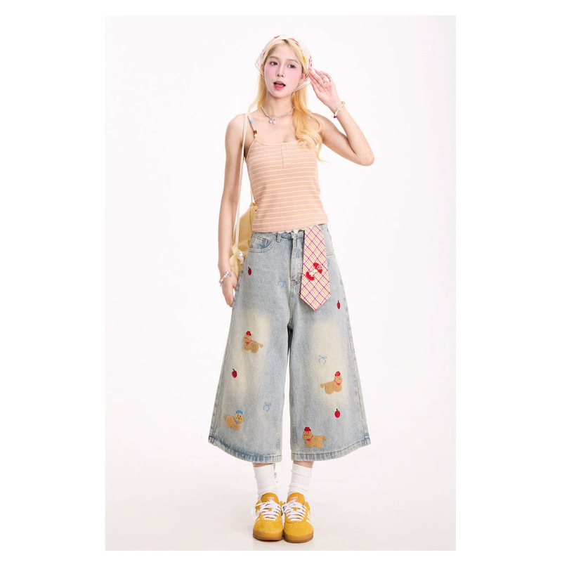 New Cartoon Embroidered Puppy Blue Denim Cropped Pants for Women, American Retro Summer Niche Versatile Shorts, Cute