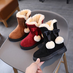 Children's snow boots, girls' winter velvet bow anti-slip fur all-in-one girls' thick boots and cotton shoes