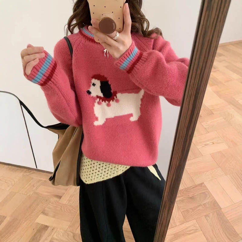 Christmas Atmosphere Cartoon Puppy Embroidered Rose Pink Knitwear Pullover Women's Loose Autumn and Winter Thickeneded Inner Knitwear Christmas Atmosphere Cartoon Puppy Embroidered Rose Pink Knitwear Pullover Women's Loose Autumn and Winter Thickeneded Inner Knitwear