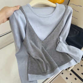 2025秋冬新款韩系穿搭针织衫马甲吊带两件套圆领毛衣背心毛衣外穿