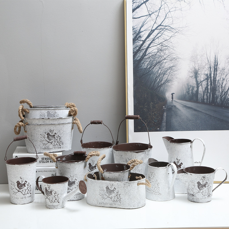 北欧铁艺花盆铁皮桶花桶复古做旧鲜花桶多肉花盆花店装饰绿萝花盆