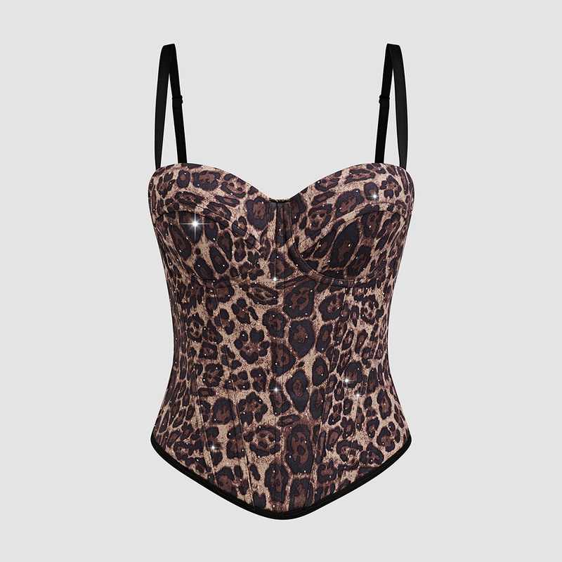 Luqiu Country Hot Girl Style Leopard Print Camisole Women's Long Elastic Body Shaping Fishbone Bra Hot Diamond Top Db1830