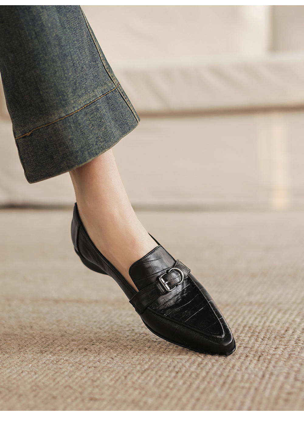 Giày loafer nữ phong cách Anh quốc, mũi sâu, gót thấp vuông, da bò — màu nâu chi tiết 14