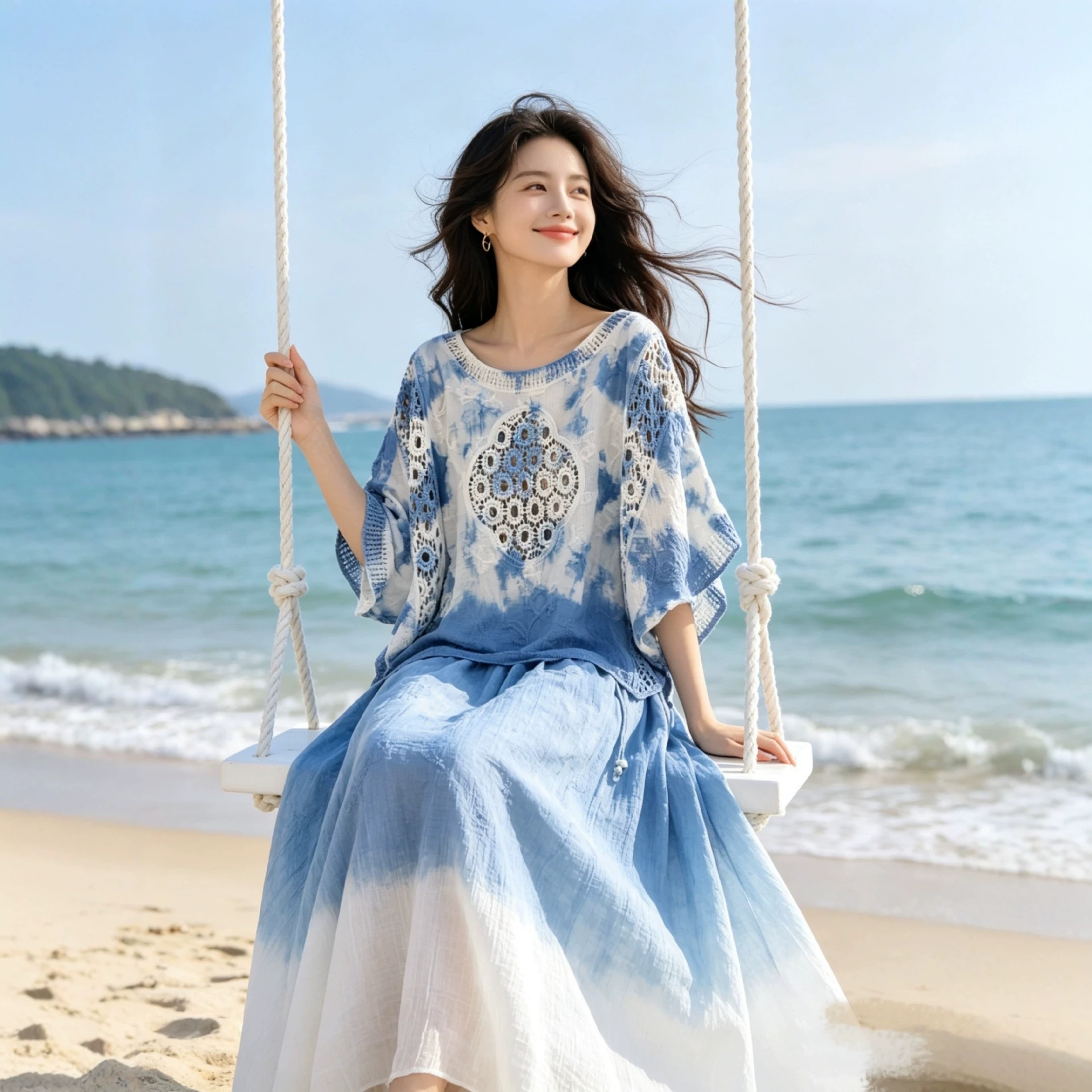 Wholesale Handmade Pure Plant-Based Indigo-Dyed Tie-Dye Loose Batwing Sleeve Women's Tops from Dali, Yunnan, Direct from the Manufacturer