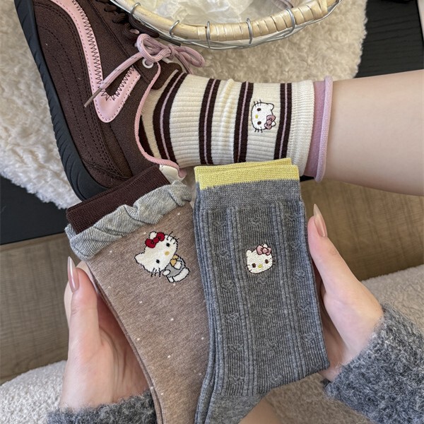 Spring and Summer Trendy Cute Kitty Embroidered Color-Blocking Mid-Calf Socks with Dotted Lace Double Ribbed Personalized Cotton Socks for Women