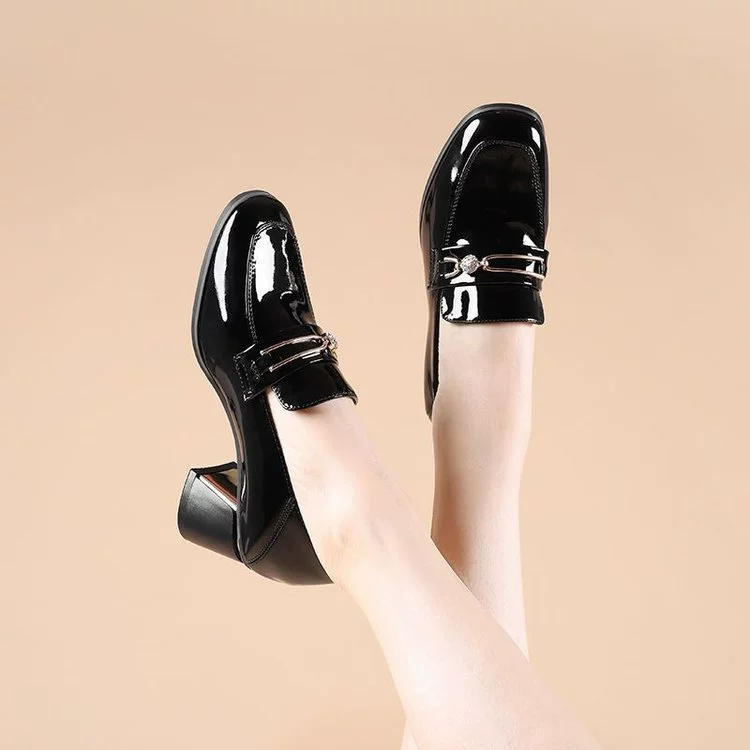Кожаные туфли ранней весны 2024 года, новые однослойные туфли, женская обувь, Рабочая обувь из лакированной кожи на толстом каблуке, лоферы, повседневная обувь, весенние и осенние туфли для досок
