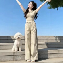 休闲运动套装女士夏季新款减龄遮肉POLO短袖衫直筒长裤通勤两件套