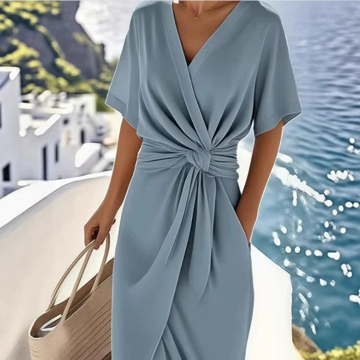 2026 Summer New Dress Amazon Commuting Fashion Satin Slit Women's Solid Color Wrap Dress