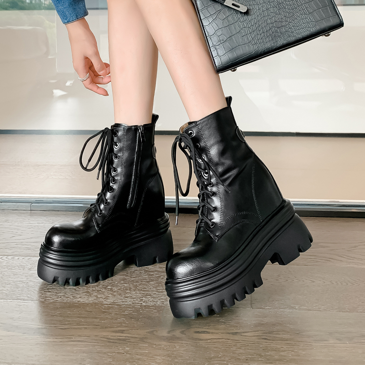 Boot nữ cổ thấp da thật gót siêu cao 15cm đế dày tăng chiều cao lót lông mùa thu đông — Lớp lót đơn màu trắng nhạt 12cm